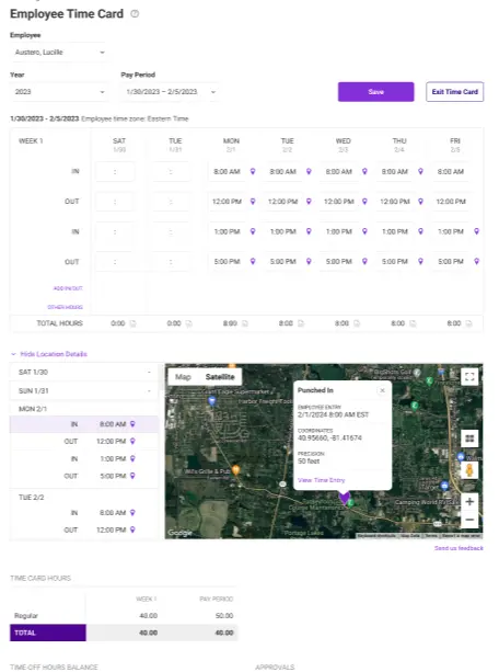 example of geotagged time punch on a map in an employee time card.